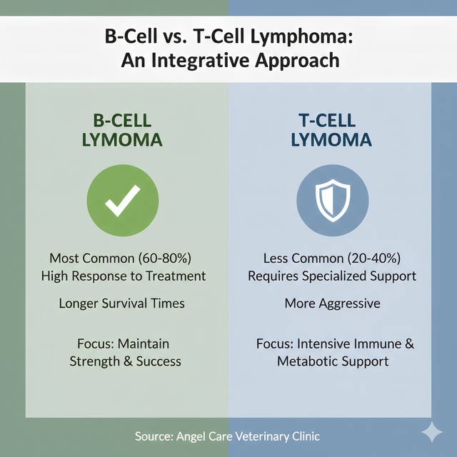 "A veterinary comparison chart titled B-Cell vs. T-Cell Lymphoma: An Integrative Approach. The graphic highlights that B-Cell is most common with a high response rate and longer survival times, focusing on maintaining strength. T-Cell is shown as less common and more aggressive, requiring specialized intensive immune and metabolic support. Provided by Angel Care Veterinary Clinic.